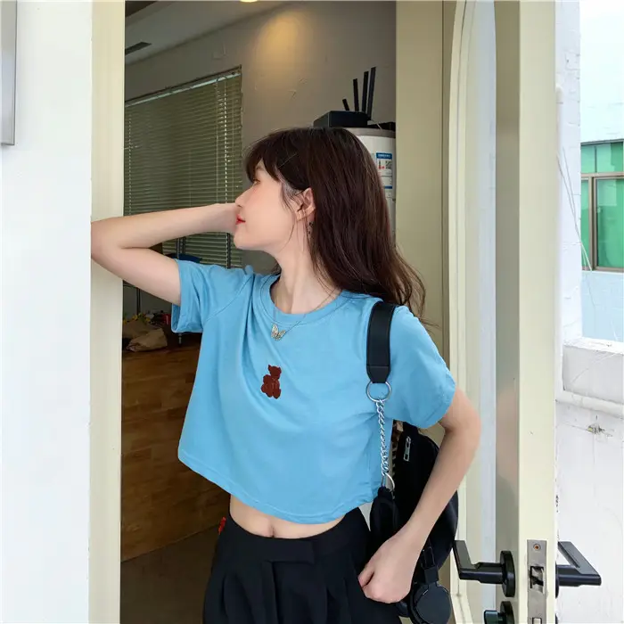 2025 Summer Korean Style Short Cropped Bear Embroidery T-Shirt — feature 10