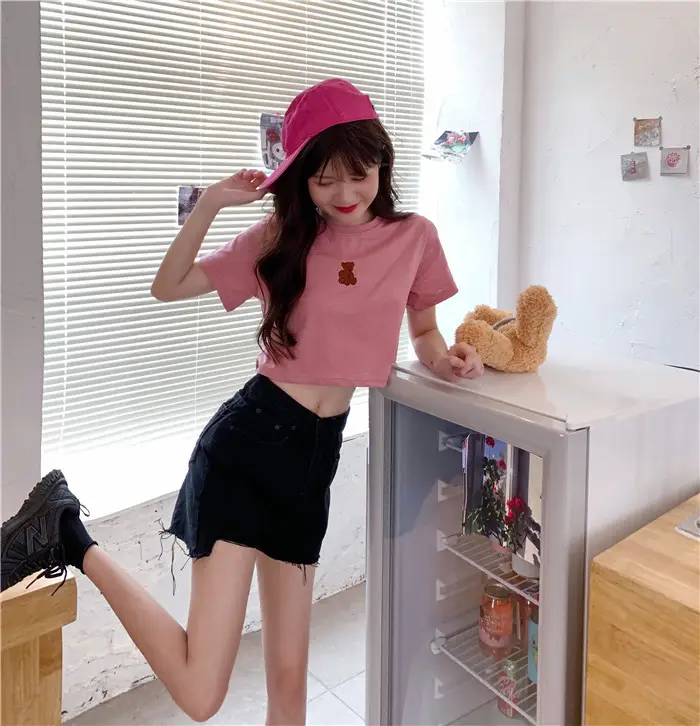 2025 Summer Korean Style Short Cropped Bear Embroidery T-Shirt — feature 12