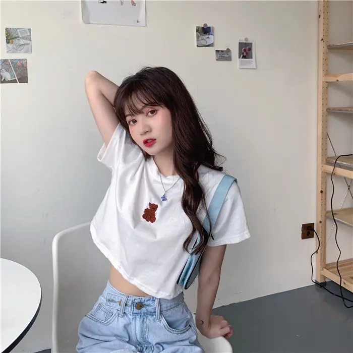 2025 Summer Korean Style Short Cropped Bear Embroidery T-Shirt — feature 15