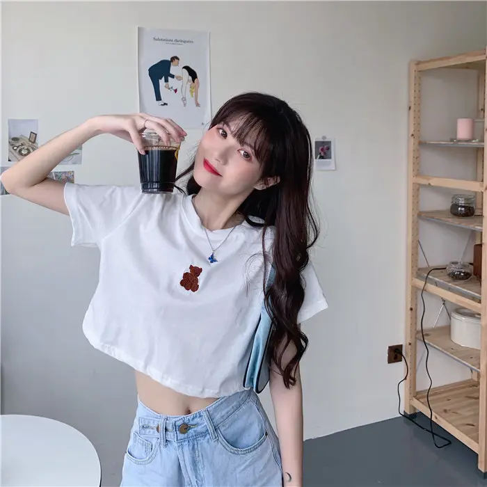 2025 Summer Korean Style Short Cropped Bear Embroidery T-Shirt — feature 16