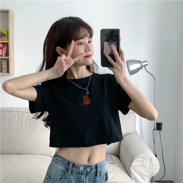 2025 Summer Korean Style Short Cropped Bear Embroidery T-Shirt — feature 18
