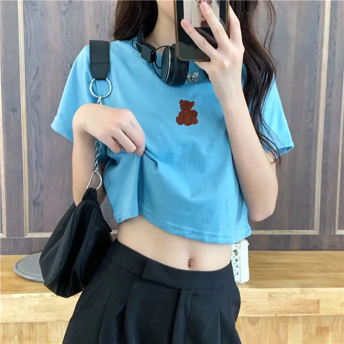 2025 Summer Korean Style Short Cropped Bear Embroidery T-Shirt — feature 20