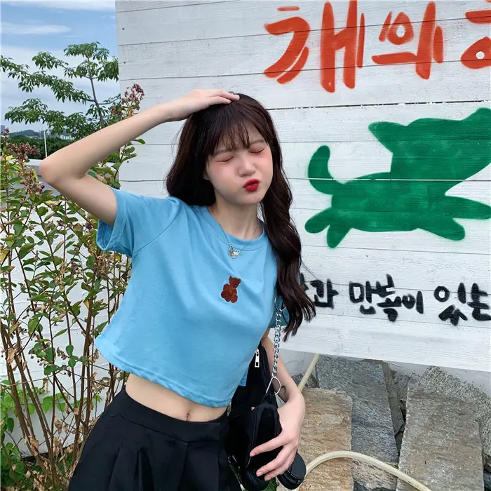 2025 Summer Korean Style Short Cropped Bear Embroidery T-Shirt — feature 21