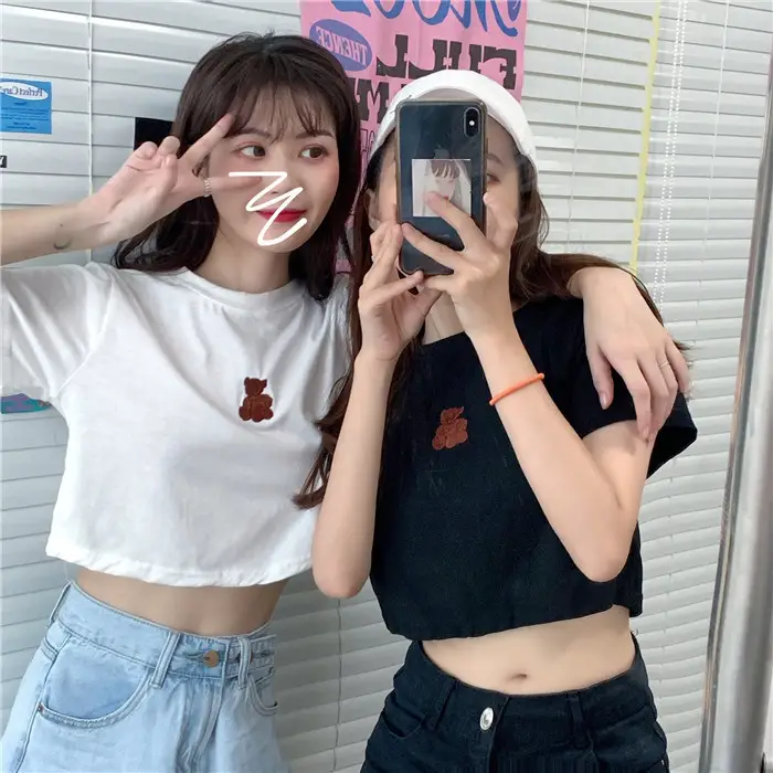 2025 Summer Korean Style Short Cropped Bear Embroidery T-Shirt — feature 4