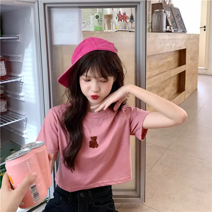2025 Summer Korean Style Short Cropped Bear Embroidery T-Shirt — feature 5