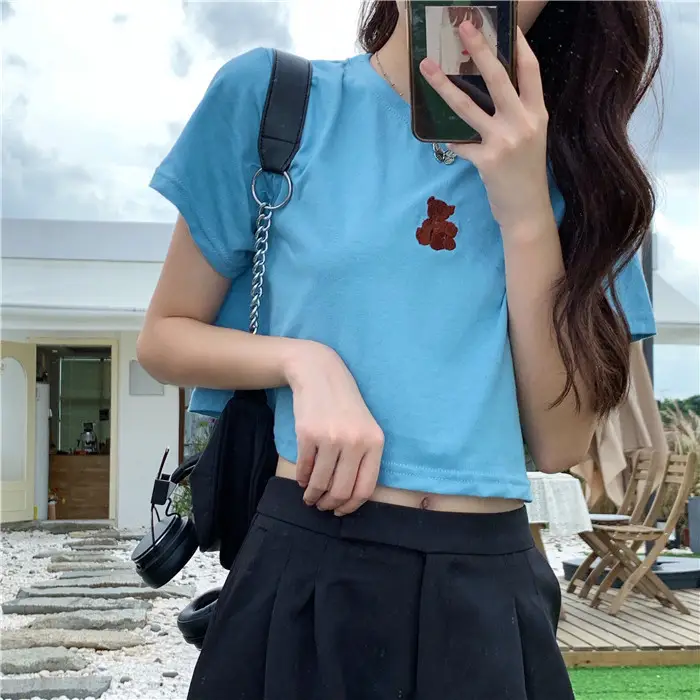 2025 Summer Korean Style Short Cropped Bear Embroidery T-Shirt — feature 6