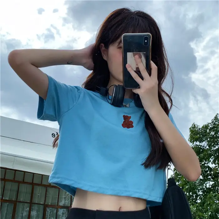2025 Summer Korean Style Short Cropped Bear Embroidery T-Shirt - Image 3