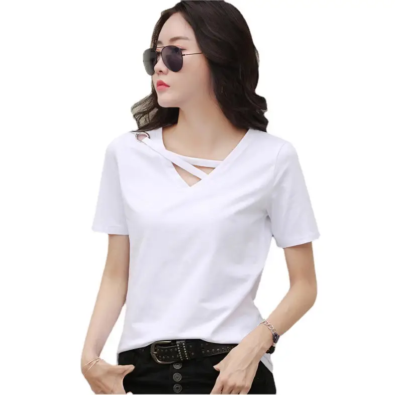 New Short Sleeve Women Grey V Neck T-Shirt - Image 11
