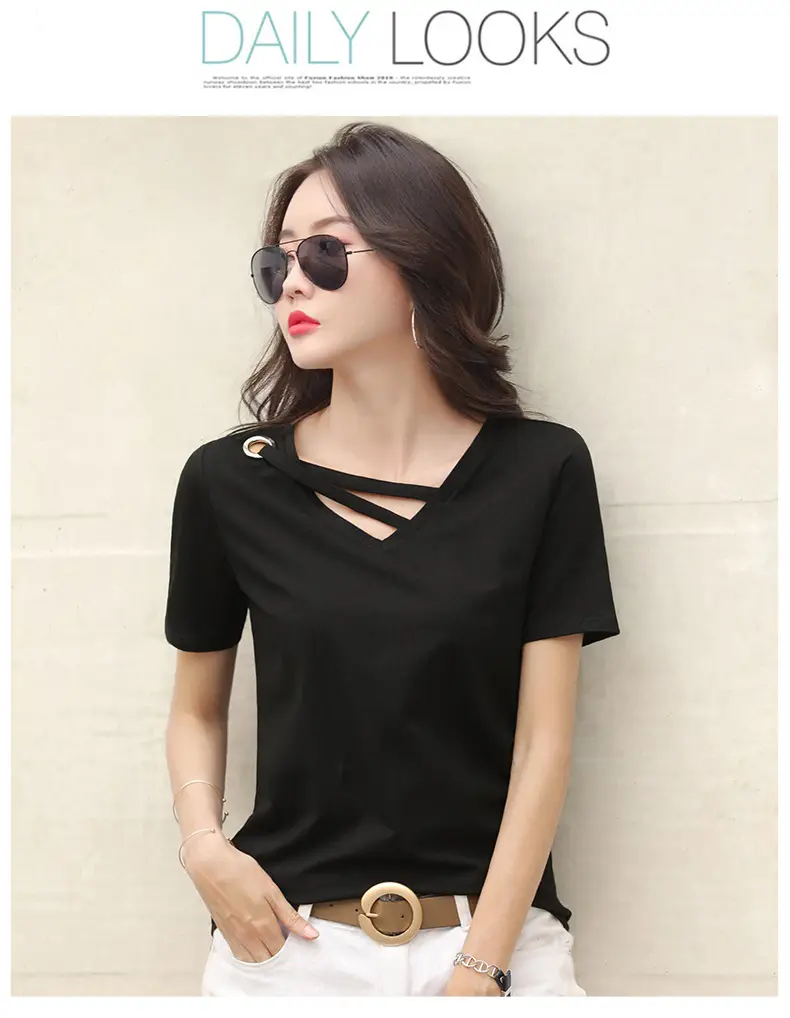 New Short Sleeve Women Grey V Neck T-Shirt — feature 10