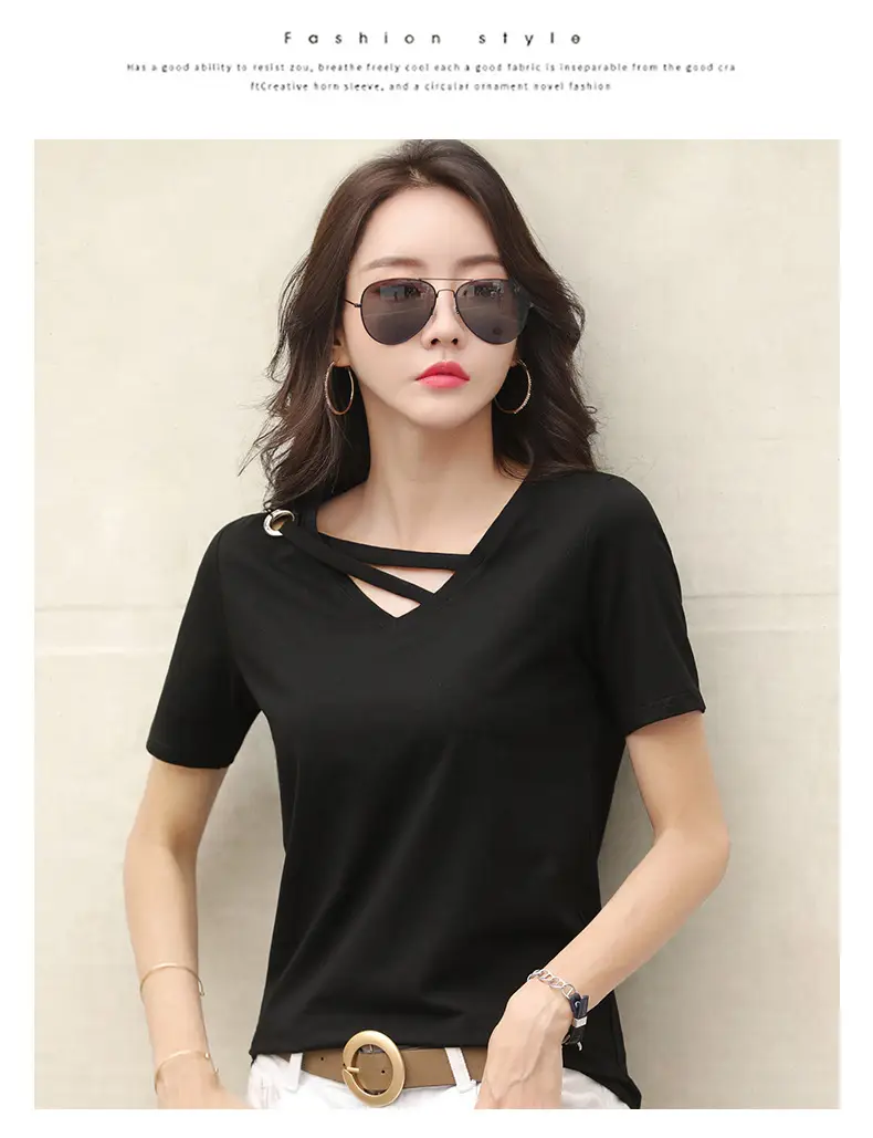 New Short Sleeve Women Grey V Neck T-Shirt — feature 12