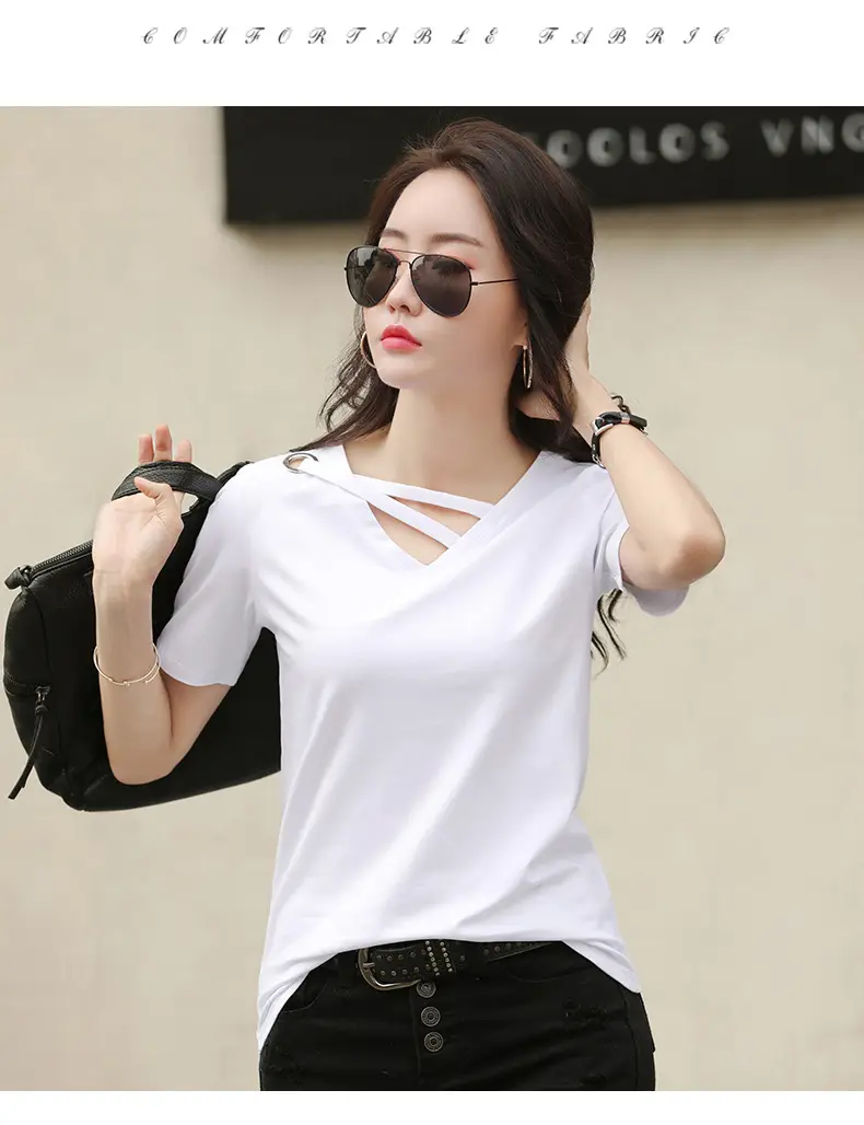 New Short Sleeve Women Grey V Neck T-Shirt — feature 15