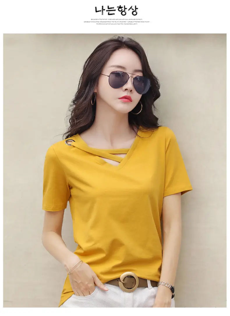 New Short Sleeve Women Grey V Neck T-Shirt — feature 17