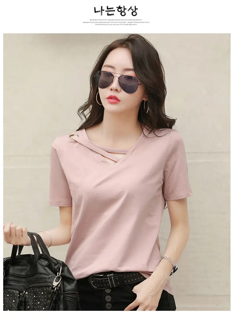New Short Sleeve Women Grey V Neck T-Shirt — feature 21