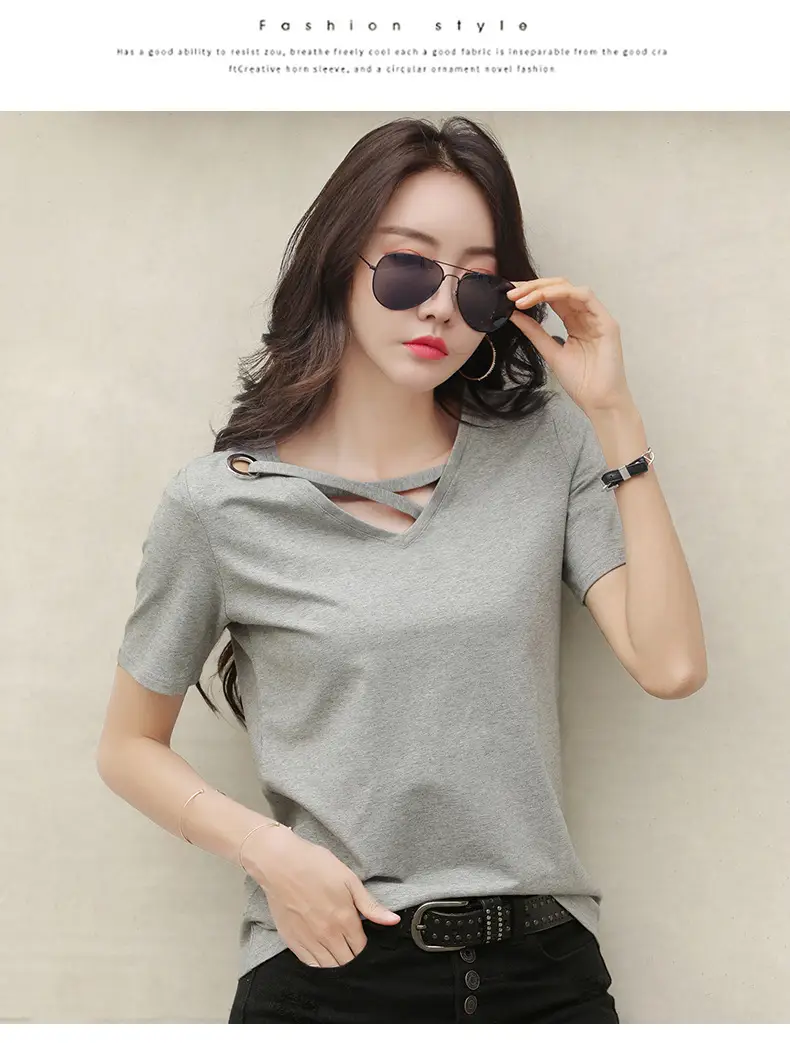 New Short Sleeve Women Grey V Neck T-Shirt — feature 28