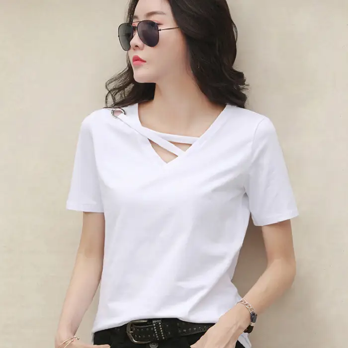 New Short Sleeve Women Grey V Neck T-Shirt - Image 3