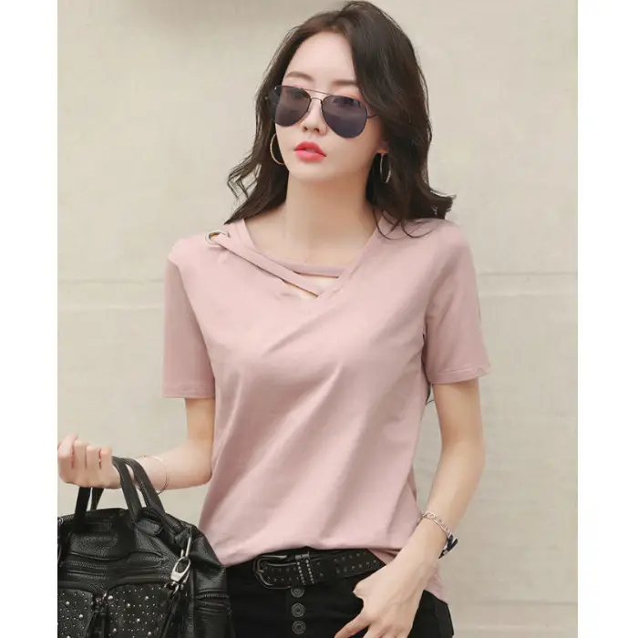 New Short Sleeve Women Grey V Neck T-Shirt - Image 6