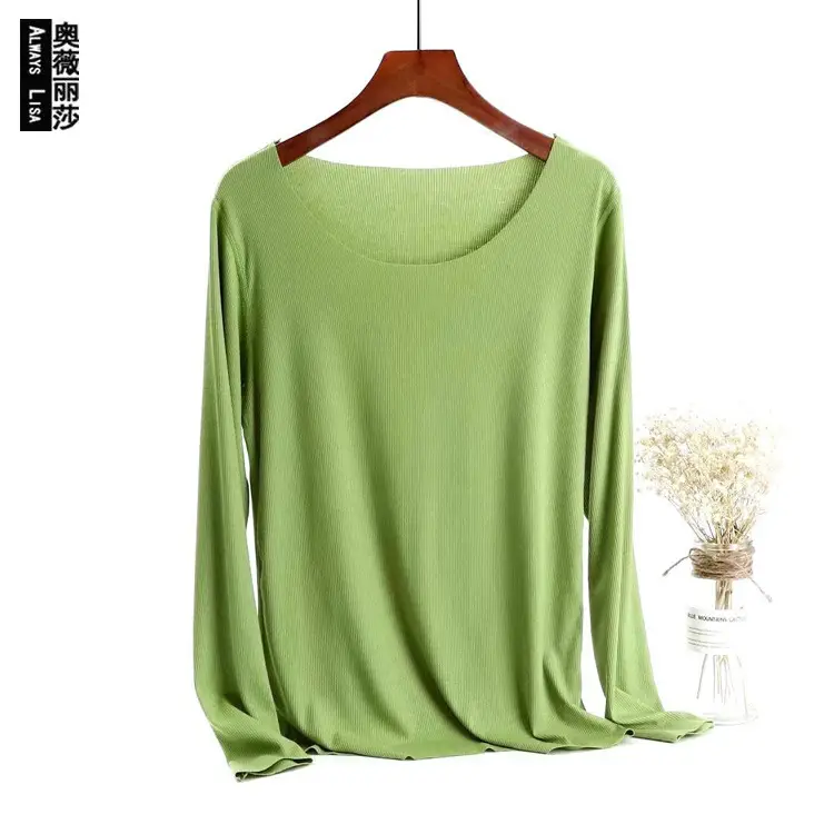 Women Long Sleeve Beige T-Shirt Round Neck Slim Fit - Image 10