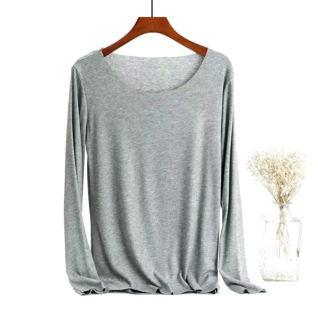 Women Long Sleeve Beige T-Shirt Round Neck Slim Fit - Image 11