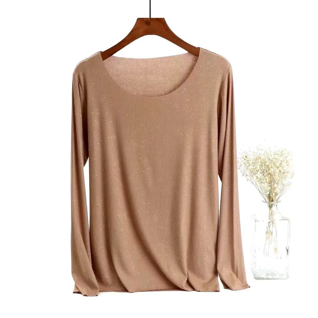 Women Long Sleeve Beige T-Shirt Round Neck Slim Fit - Image 13