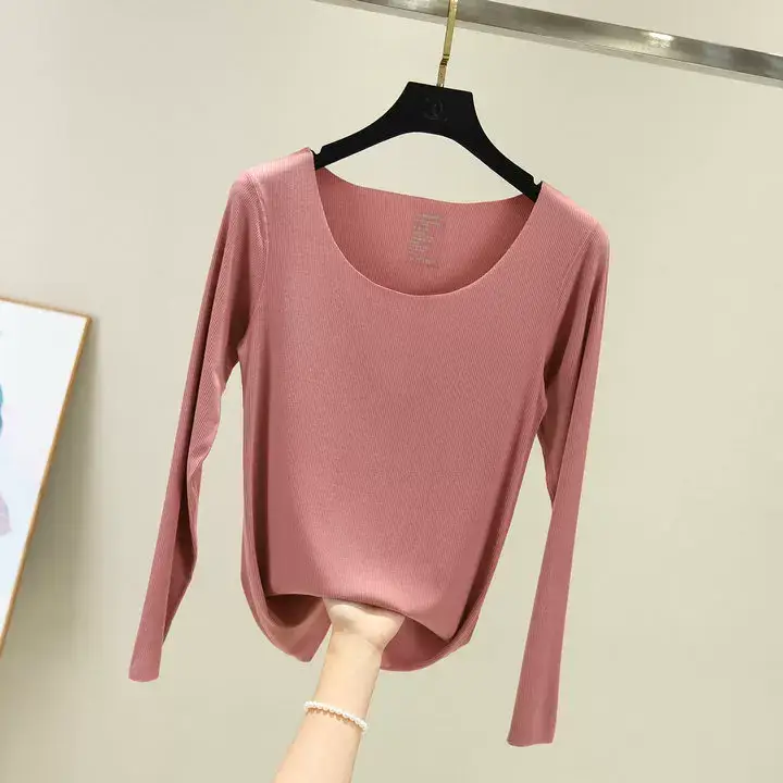 Women Long Sleeve Beige T-Shirt Round Neck Slim Fit — feature 16