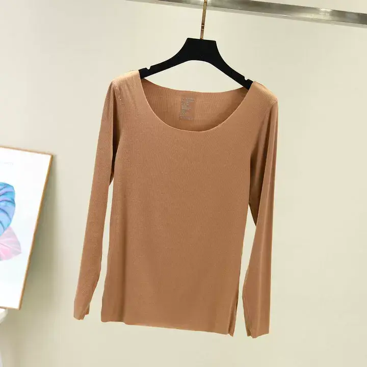 Women Long Sleeve Beige T-Shirt Round Neck Slim Fit — feature 19