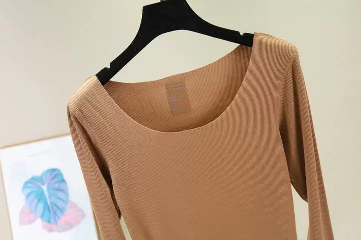 Women Long Sleeve Beige T-Shirt Round Neck Slim Fit — feature 20