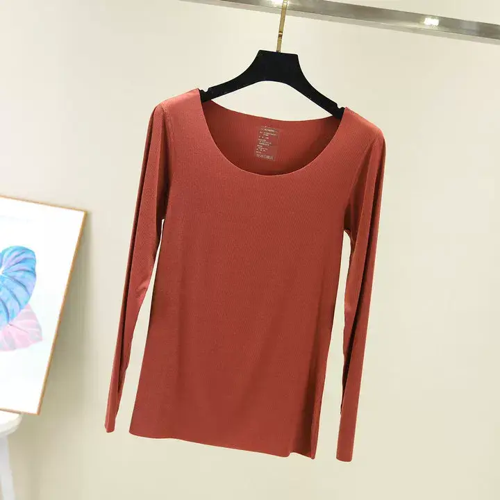 Women Long Sleeve Beige T-Shirt Round Neck Slim Fit — feature 21