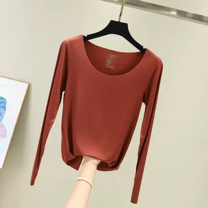 Women Long Sleeve Beige T-Shirt Round Neck Slim Fit — feature 22