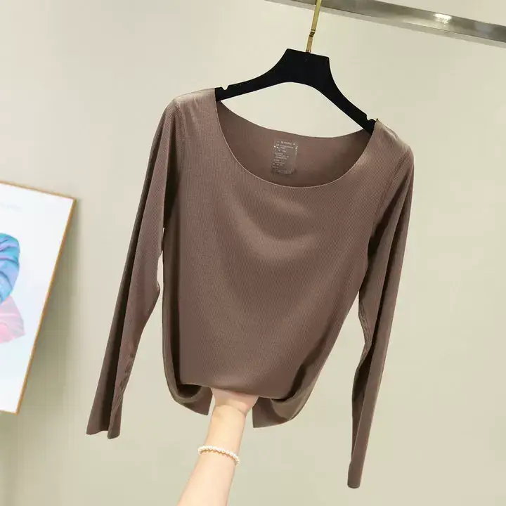 Women Long Sleeve Beige T-Shirt Round Neck Slim Fit — feature 24