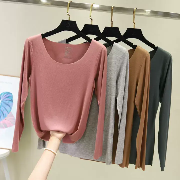 Women Long Sleeve Beige T-Shirt Round Neck Slim Fit — feature 3