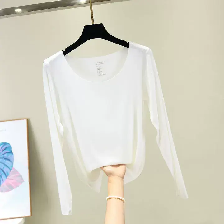Women Long Sleeve Beige T-Shirt Round Neck Slim Fit — feature 31