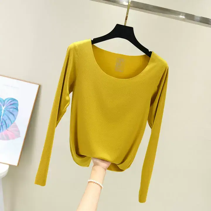 Women Long Sleeve Beige T-Shirt Round Neck Slim Fit — feature 33