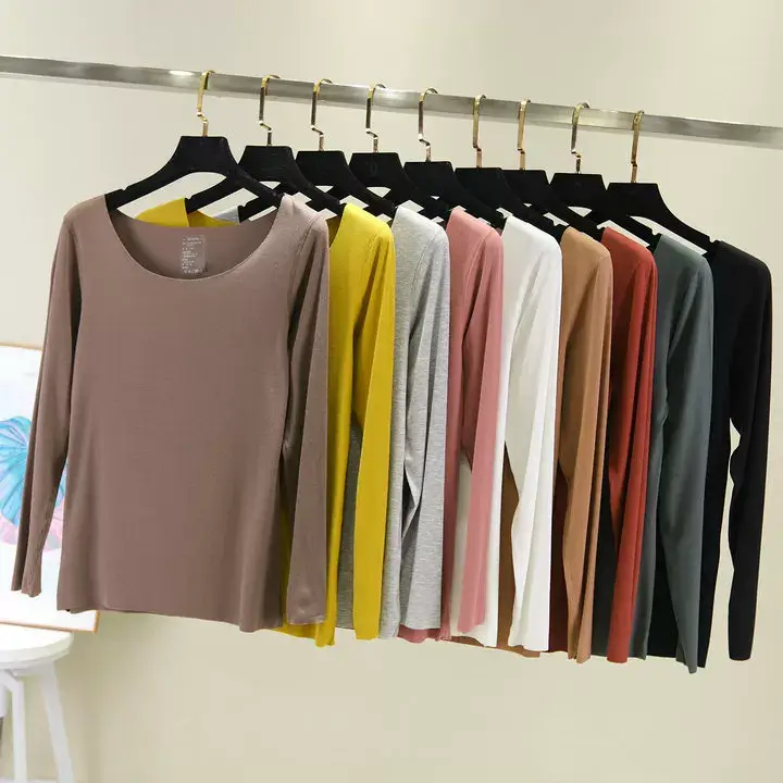 Women Long Sleeve Beige T-Shirt Round Neck Slim Fit — feature 4