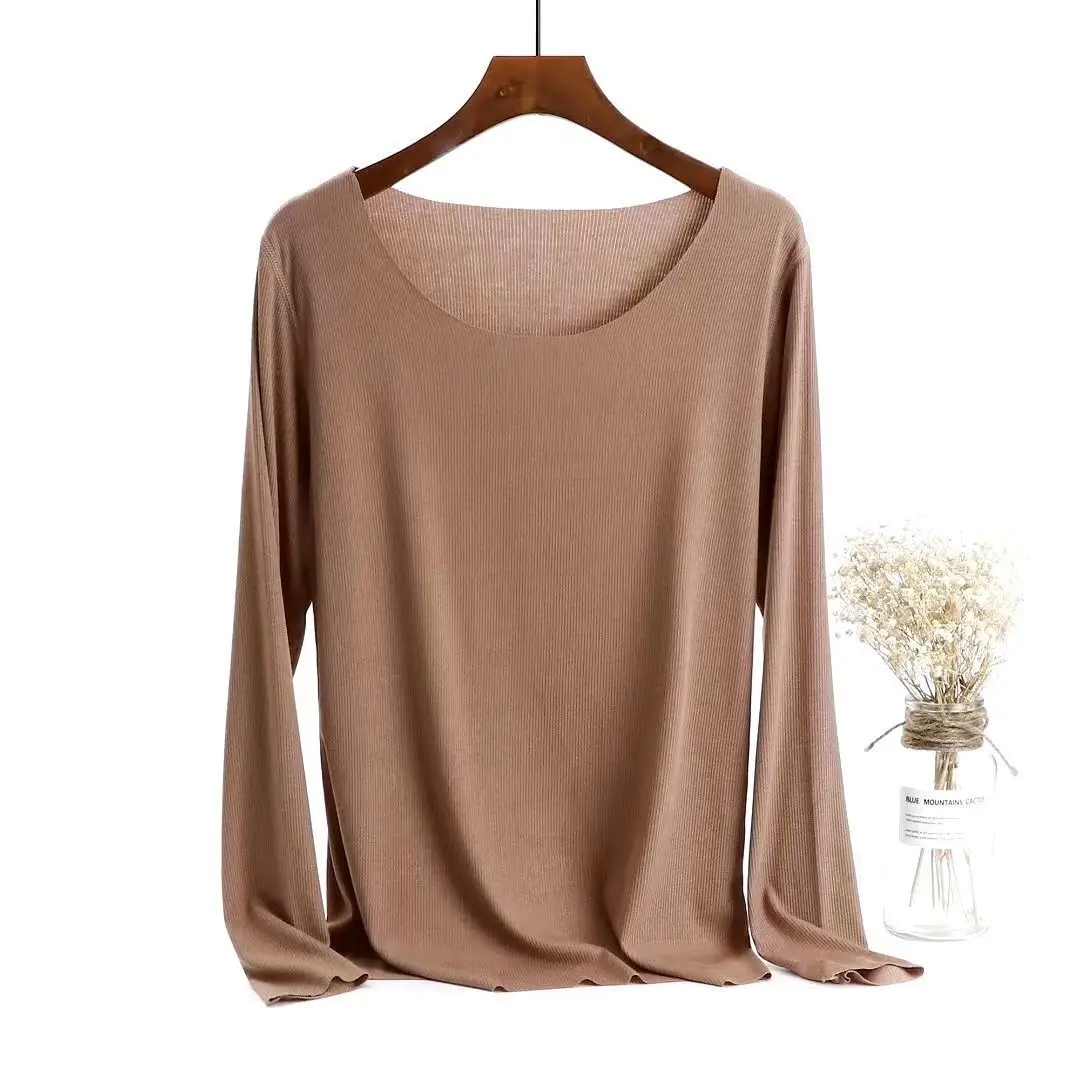 Women Long Sleeve Beige T-Shirt Round Neck Slim Fit - Image 2