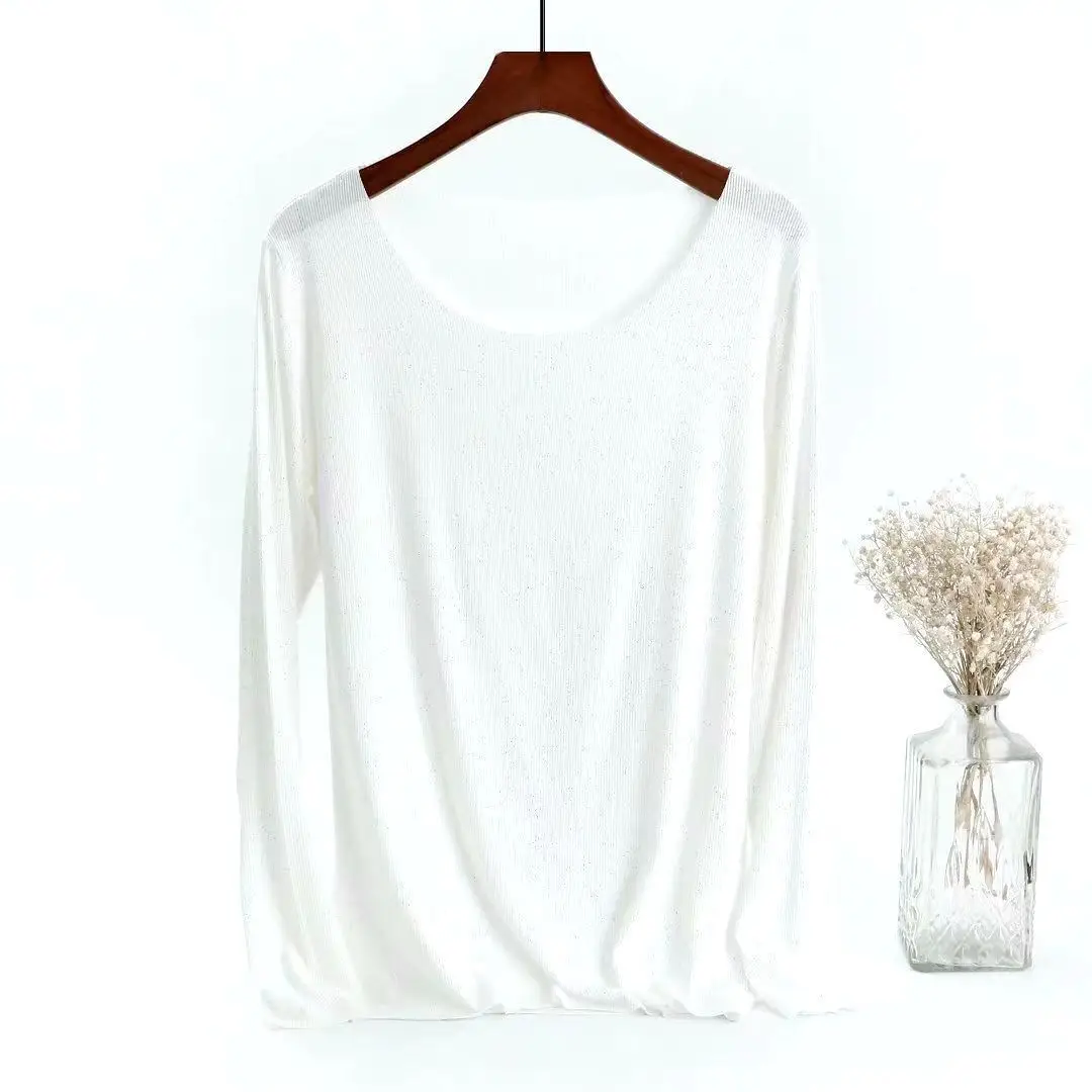 Women Long Sleeve Beige T-Shirt Round Neck Slim Fit - Image 3
