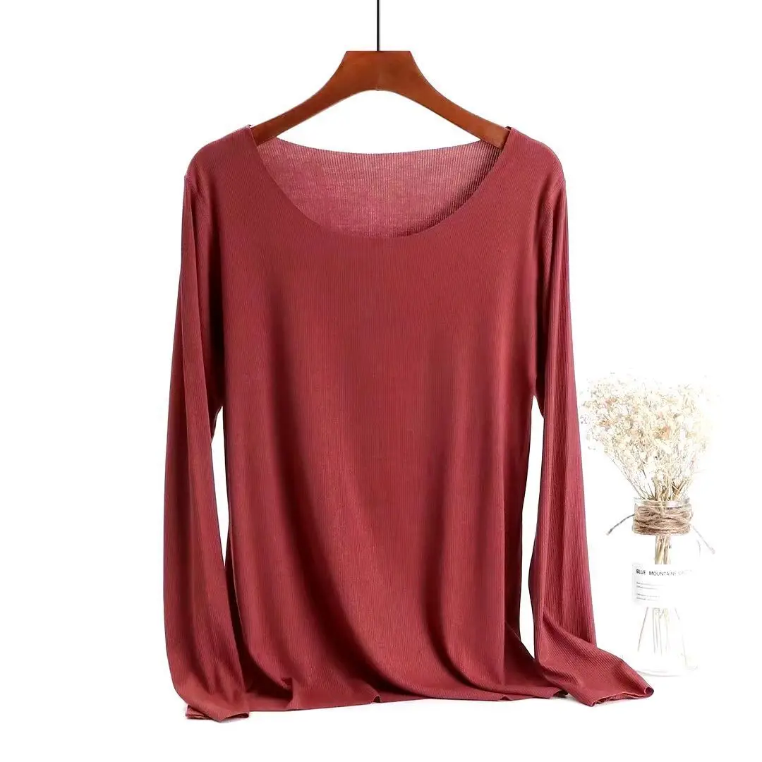 Women Long Sleeve Beige T-Shirt Round Neck Slim Fit - Image 4