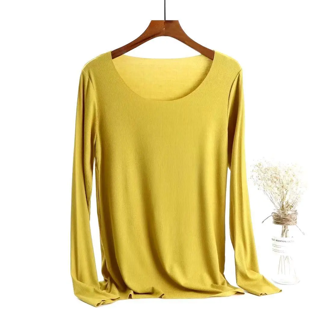 Women Long Sleeve Beige T-Shirt Round Neck Slim Fit - Image 6