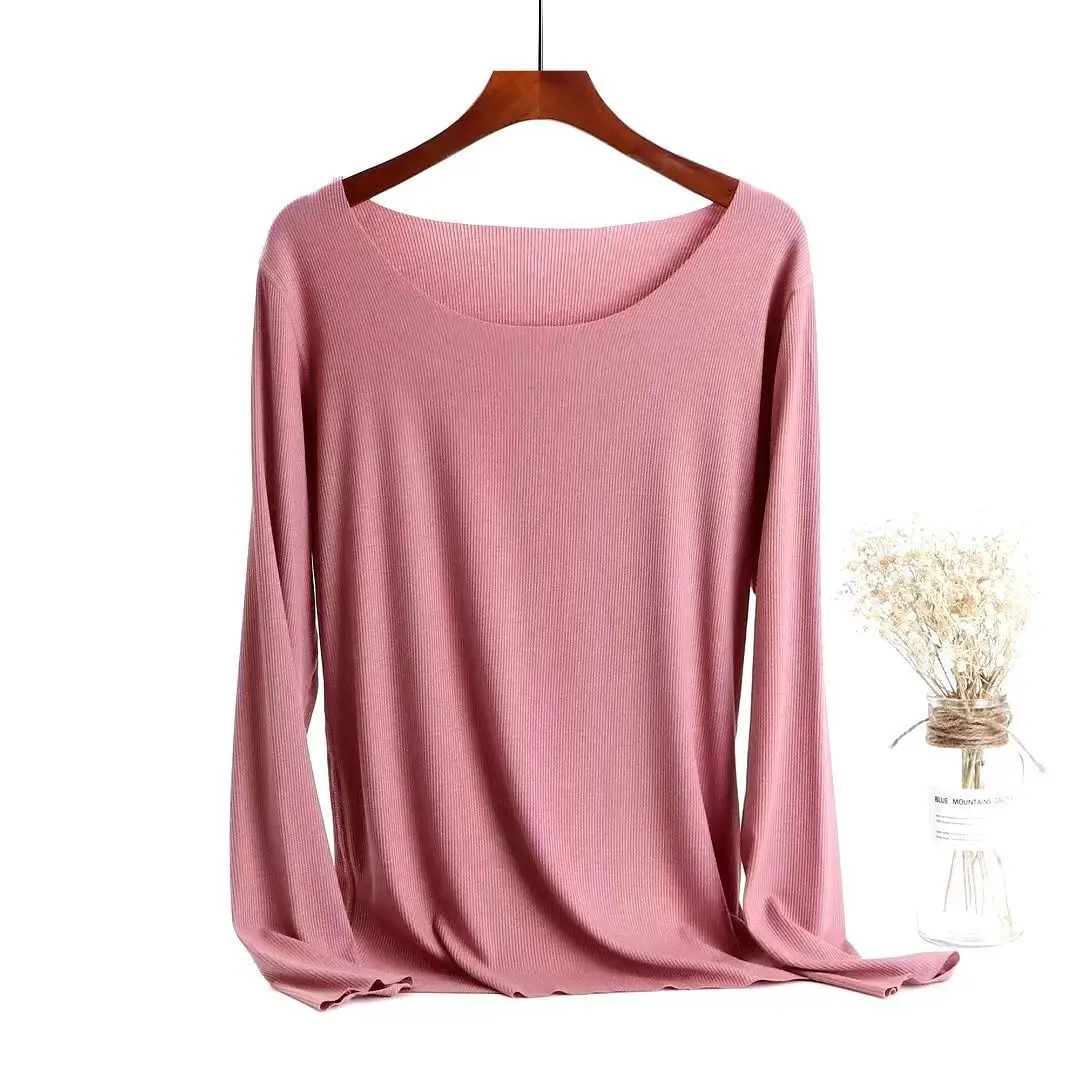 Women Long Sleeve Beige T-Shirt Round Neck Slim Fit - Image 7