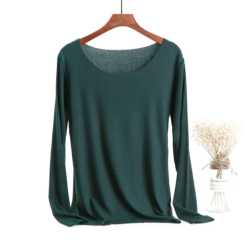Women Long Sleeve Beige T-Shirt Round Neck Slim Fit - Image 8