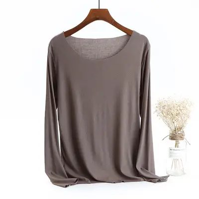 Women Long Sleeve Beige T-Shirt Round Neck Slim Fit - Image 9