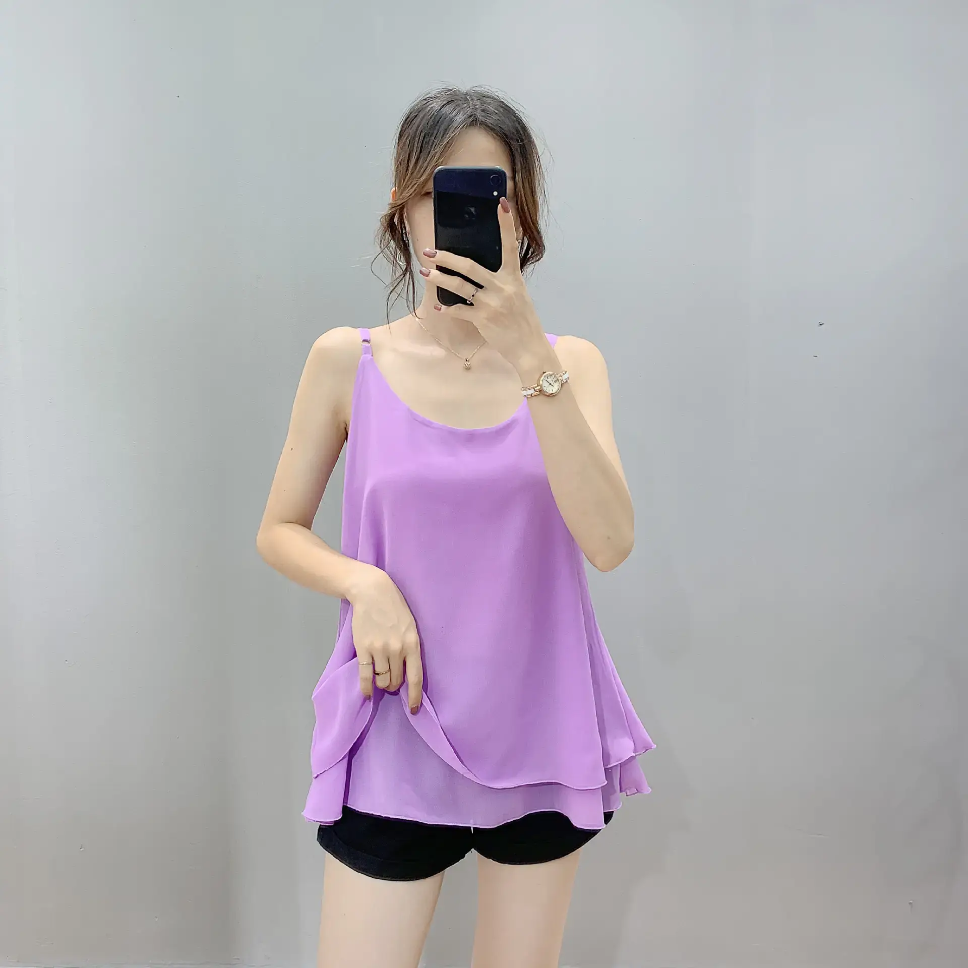2025 Spring Chiffon Vest Fat Girl Fake Two-Piece Loose Camisole