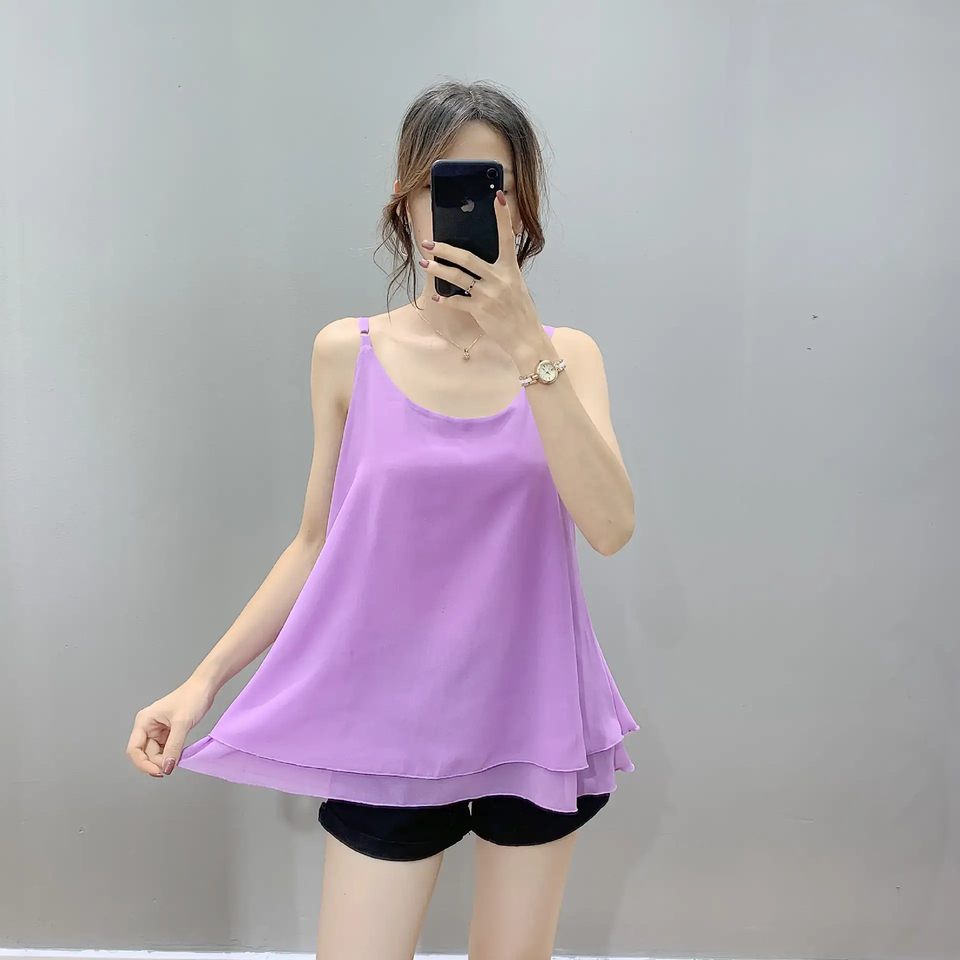 2025 Spring Chiffon Vest Fat Girl Fake Two-Piece Loose Camisole
