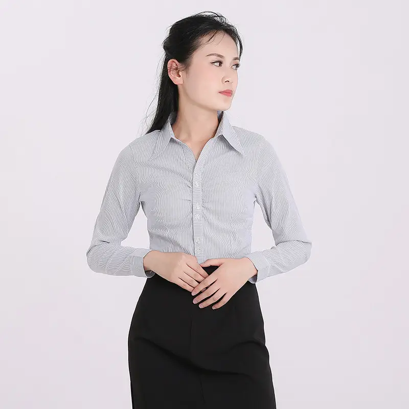 Women's Stretch Black Striped Collar Shirt Long Sleeve - Image 4