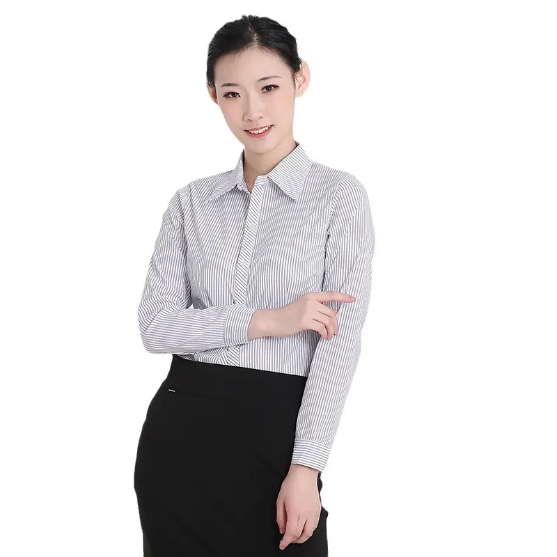 Women's Stretch Black Striped Collar Shirt Long Sleeve - Image 6