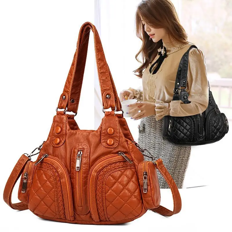 Korean-style Shoulder Bag for Women, Washable Soft Leather, Large Capacity, Crossbody Design