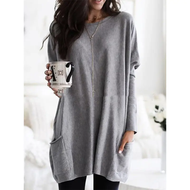 Women's Blue Long Sleeve Irregular Pocket T-Shirt - Image 2