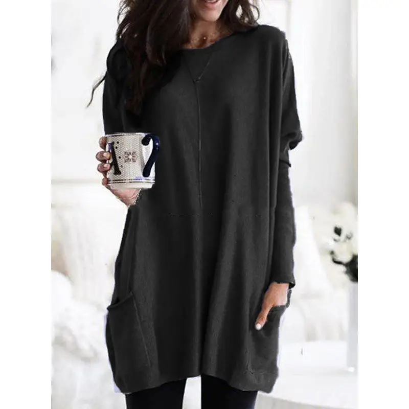 Women's Blue Long Sleeve Irregular Pocket T-Shirt - Image 3