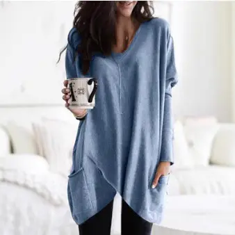 Women's Blue Long Sleeve Irregular Pocket T-Shirt - Image 4