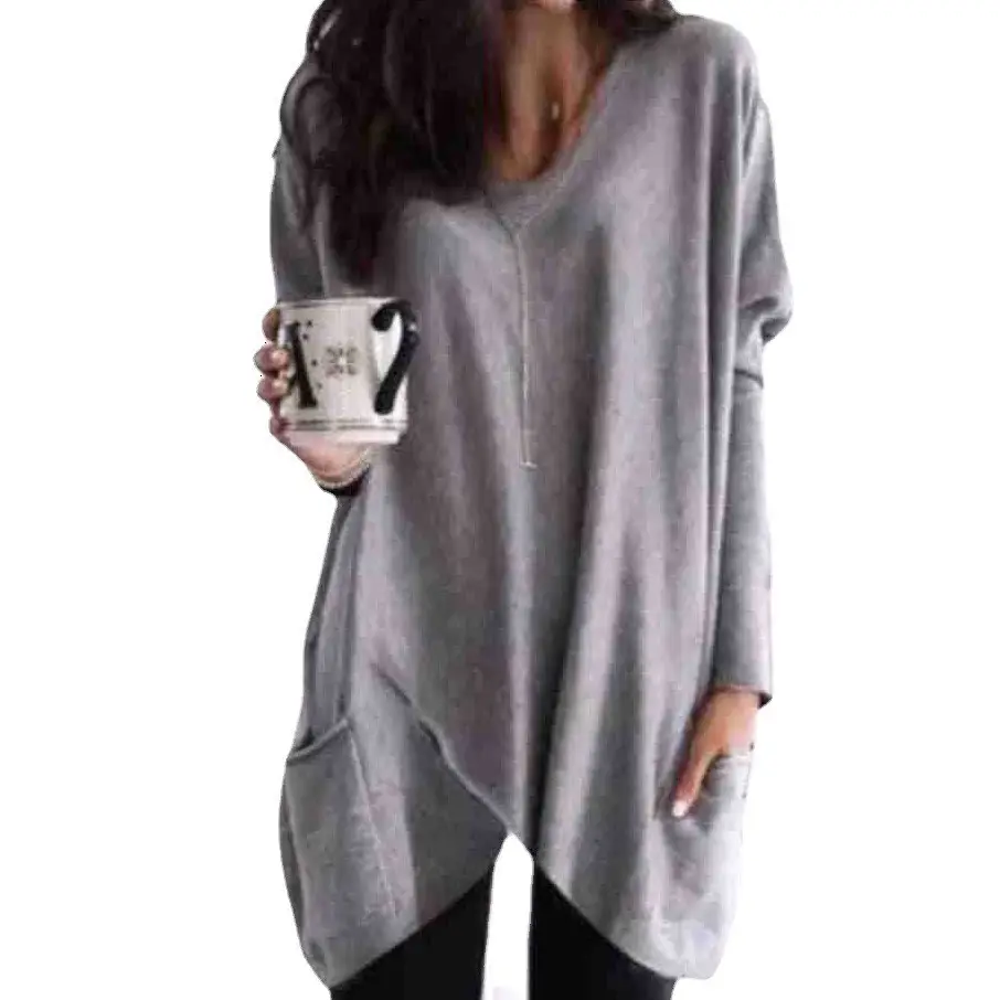 Women's Blue Long Sleeve Irregular Pocket T-Shirt - Image 5