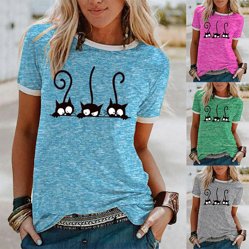 Women Pink Cat Print T-Shirt Short Sleeve - Image 10